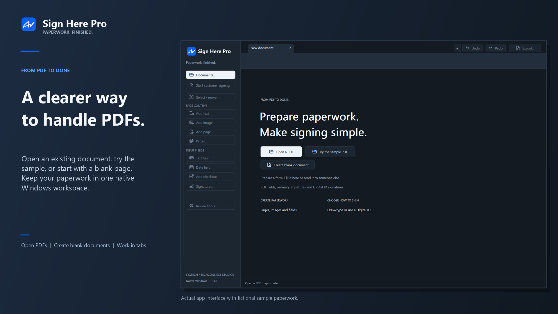 Sign Here Pro welcome screen with options to open a PDF, try a sample, or create a blank document